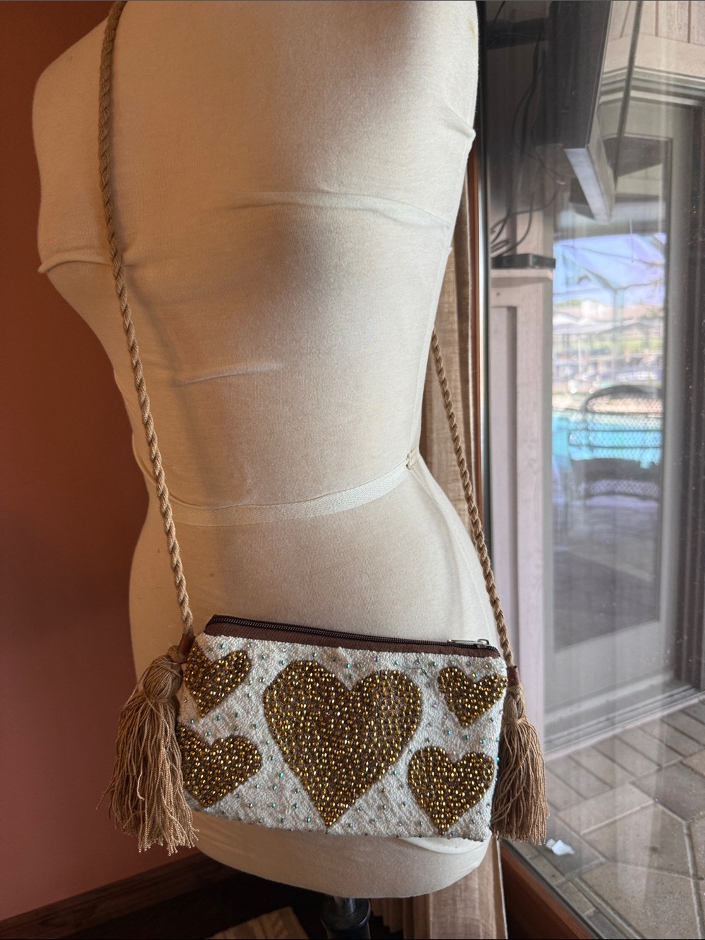 Beaded Heart Crossbody Bag - Gold Hearts on Cream